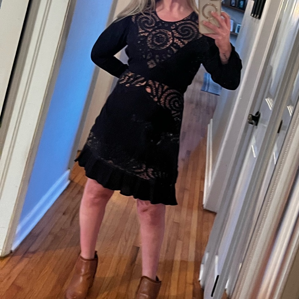 For love & Lemons black cocktail dress with sheer lace details